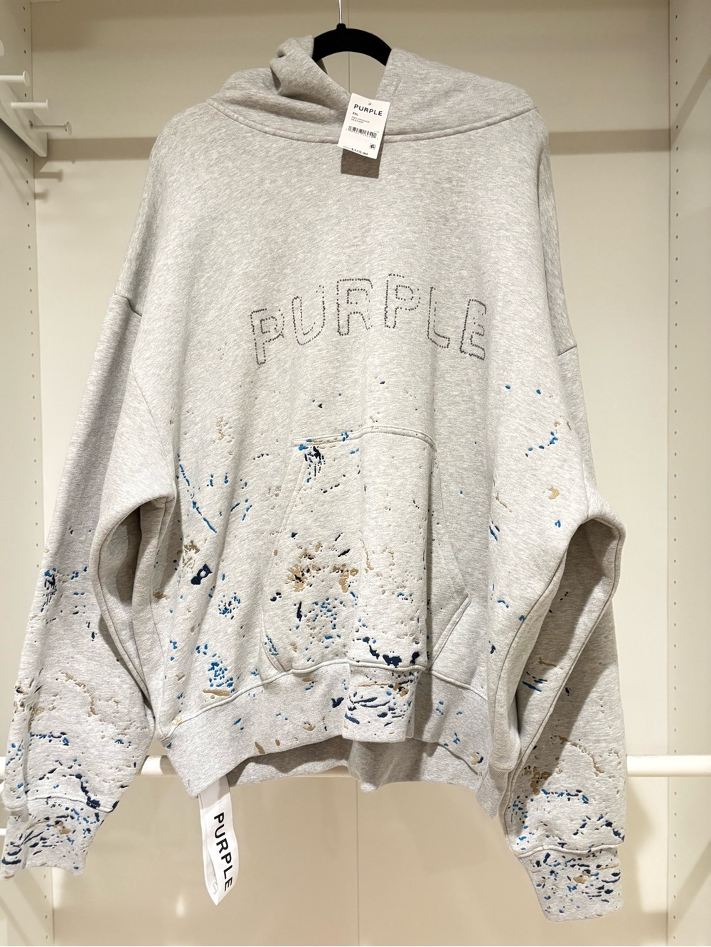 PURPLE Men’s Gray Hoodie with Paint-Splatter Detail Embroidery & Crystals